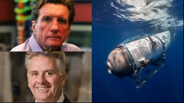 Larry Connor (canto superior esquerdo) e Patrick Lahey (canto inferior esquerdo) e um modelo do submarino que implodiu (dir.) - Wikimedia Commons, sob licença Creative Commons / Divulgação / Triton Submarines e Oceangate