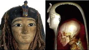 Máscara funerária e tomografia computadorizada realizada em 2021 - Divulgação/S. Saleem and Z. Hawass