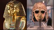 Máscara do faraó Tutancâmon (à esqu.) e artefato do tesouro de Sutton Hoo (à dir.) - Getty Images