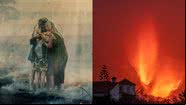 Cena de Inferno em La Palma (à esqu.) e o vulcão Cumbre Vieja (à dir.) - Divulgação/Netflix e Getty Images