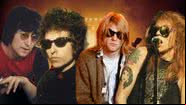 Montagem com fotos de John Lennon, Bob Dylan, Kurt Cobain e Axl Rose, respectivamente - Imagem de Vishnu R pelo Pixabay / Getty Images