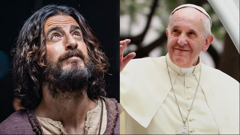 Jonathan Roumie como Jesus em 'The Chosen', e o papa Francisco - Divulgação / Getty Images