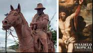 Montagem mostrando capa do livro e monumentos em homenagem a Januário Garcia - Divulgação/Marcos Vinícius Almeida