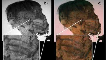 Fotografias mostrando tatuagens em bocheca direita da múmia - Divulgação/Journal of Cultural Heritage/Mangiapane et al.