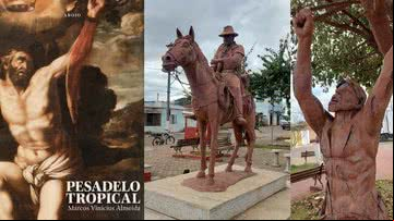 Montagem mostrando capa do livro e dois monumentos em homenagem a Januário Garcia - Divulgação/ Marcos Vinícius Almeida